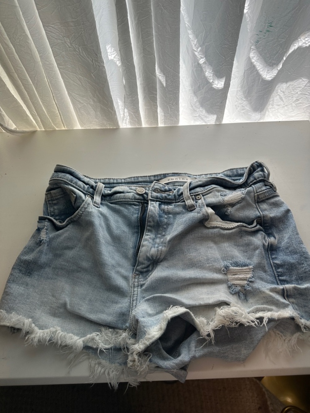 eunina Light Blue Distressed Denim Cutoff Shorts